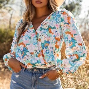 B051 Sky Blue Floral Print Wrap Long Sleeve Bodysuit